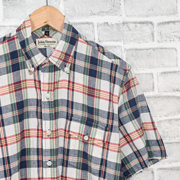 JOHN SIMONS Men's Short Sleeve Button down Shirt Madras Plaid size XS - Picture 5 of 6
